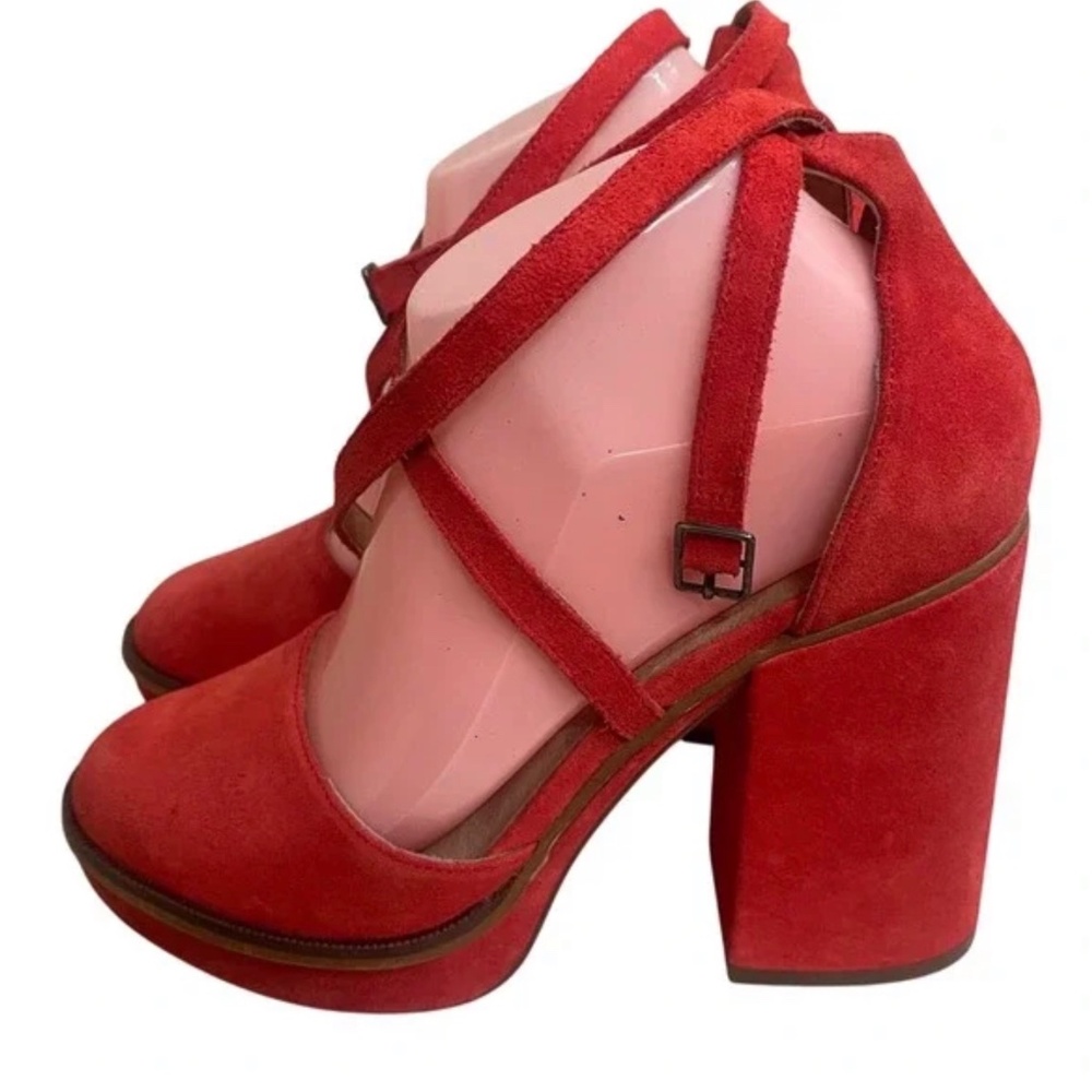 Free People 39 (USA 9) Red Remi Double Ankle Strap Suede Block Platform Heel
